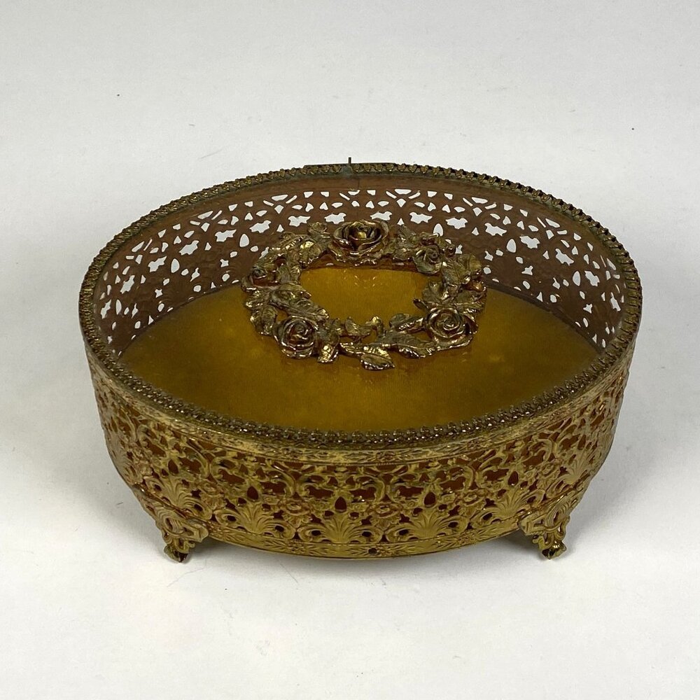 Vintage Hollywood Regency Gold Filigree Ormolu Jewelry Box Oval Glass Hinged Lid - Picture 2 of 11